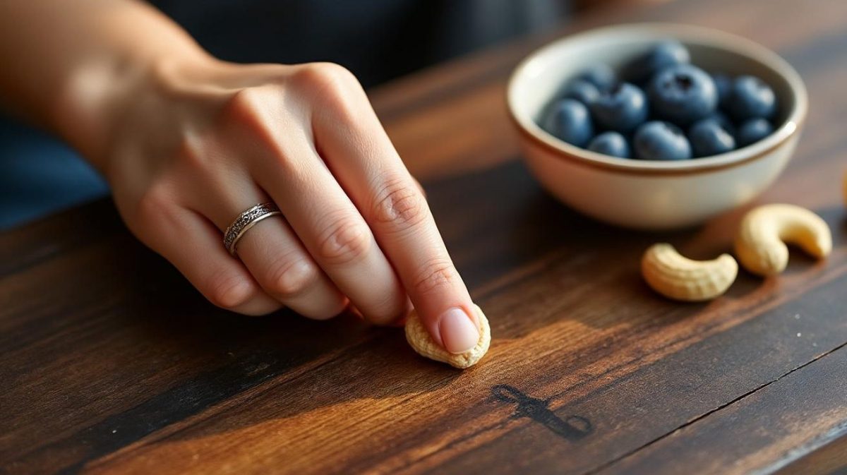 découvrez l’astuce étonnante de cette femme qui utilise une noix de cajou pour effacer facilement les rayures sur ses meubles en bois. résultat bluffant garanti !